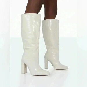 Knee high croc-effect leather boots in cream size 5.5